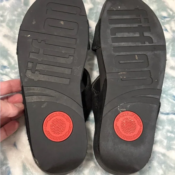 FitFlop 𖦹 Lulu SuperGlitz Double Strap Sequin Slide Sandals 𖦹 All Black 𖦹 9M - Picture 4 of 7